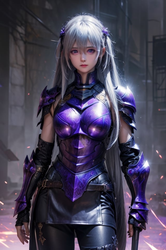 girl, purple eyes, long silver hair, sharp face, clever eyes, dual daggers, leather armor, full size picture,fight