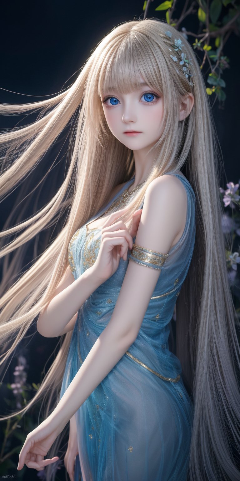 Ultra detailed realistic of a young girl lost in a magical world full of wonders, unique luminous flora never seen before, highly detailed, pastel colours, digital art, art by Mschiffer, night, dark, bioluminescence, slim, tall, perfect upper body, dynamic pose, pale skin, golden hair, blue eyes, white skin, (long flowing hair, floating hair, long hair, messy hair), ((long floating sheer)), perfect fingers, long bangs, medium shot, upper body, in the dark, deep shadow, low key, intricate fractal art,una