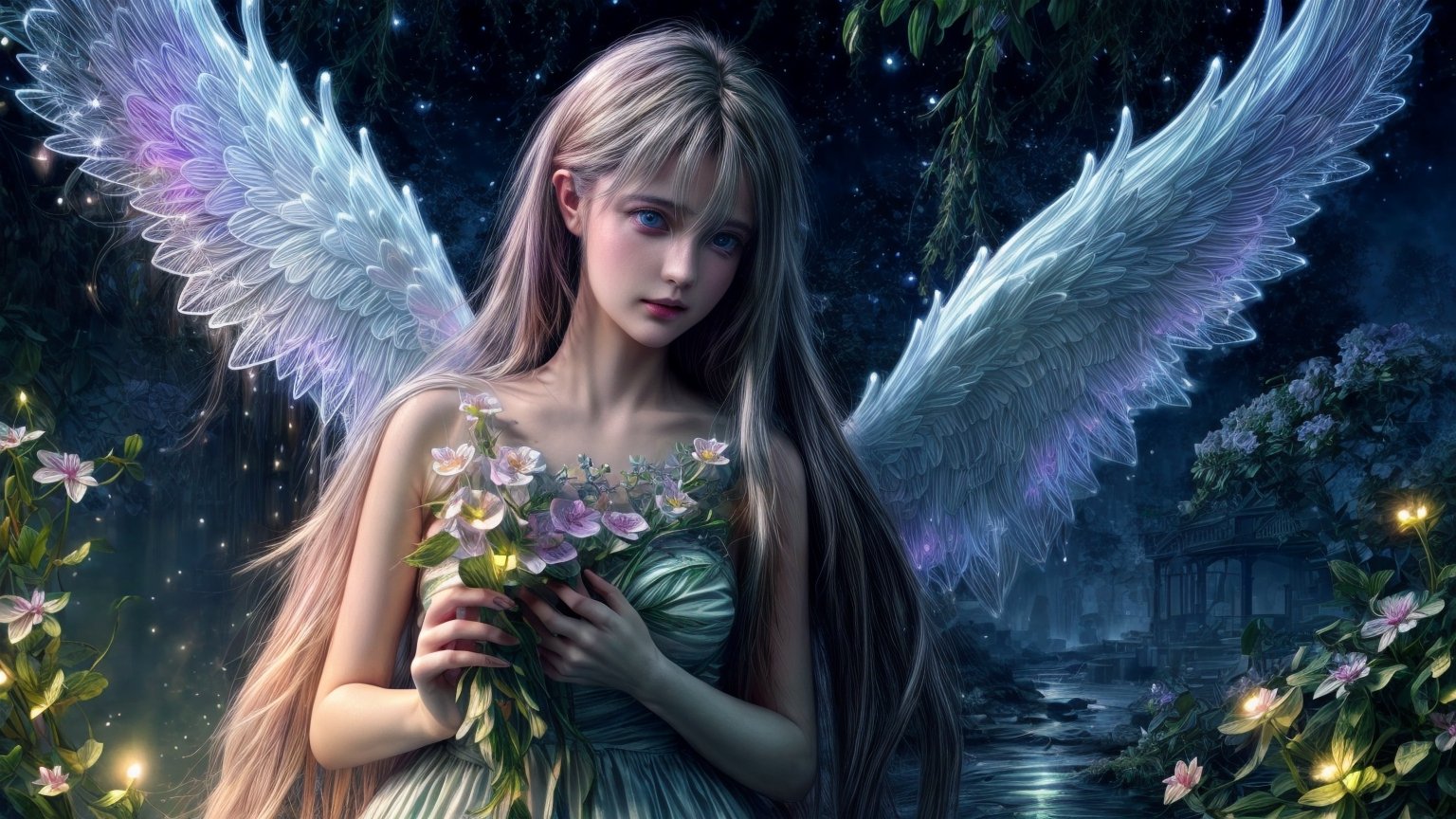 Ultra detailed illustration of an angel lost in a magical world full of wonders, unique luminous flora never seen before, highly detailed, pastel colors,  digital art, art by Mschiffer, night, dark, bioluminescence