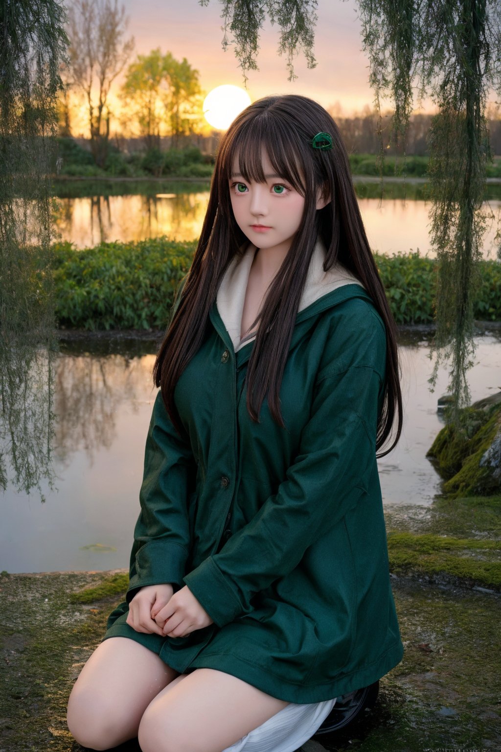 A young woman with long, dark hair sits alone under a weeping willow during a torrential downpour. Her pale face, her emerald green eyes downcast, and her hands clasped tightly around her knees convey deep sorrow. The setting sun casts a warm glow on her sorrowful face, contrasting with the dark, wet landscape. An atmosphere of solitude and despair pervades.,una, Sitting curled up