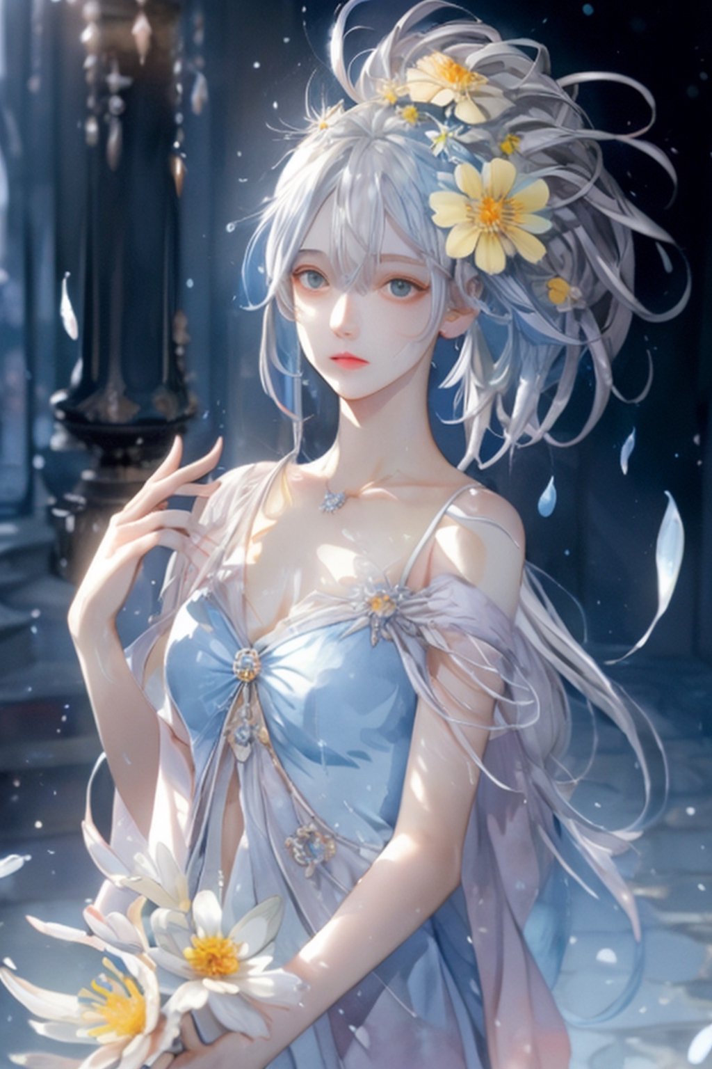 Watercolor painting, (Beautifully Aesthetic:1.2), (1girl:1.3), (colorful hair, Half blue and half grey hair:1.2), water, liquid, natta, colorful, Orange and yellow anemone flowers bloom around, Anemone blooming on the head, beautiful night, Starry sky, It's raining, Sateen, Fantastic night out,watercolor
,1 girl,midjourney,yuzu
