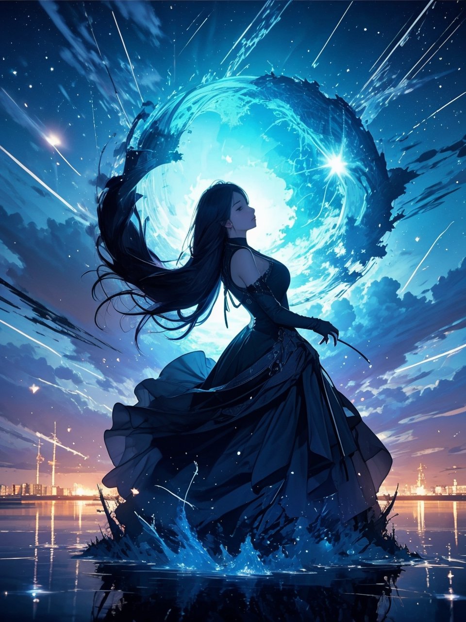(masterpiece,  top quality,  best quality,  official art,  beautiful and aesthetic:1.5),  (medium shot:1.3), low angle, (1girl:1.4), princess dress, (topless:0.8), extreme detailed, (abstract,  fractal art), long hair, floating hair, highest detailed,  detailed face, big eyes, sad expression,  water, ice, fire,  lightning,  light_particles,  ,midjourney,fantasy00d,masterpiece,<lora:659111690174031528:1.0>