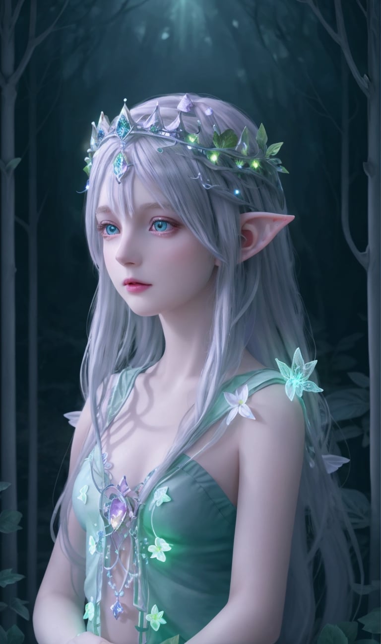 HDR, Ultra detailed illustration of a elf  with crown lost in a magical world full of wonders forest, unique luminous flora, highly detailed, pastel colors,  digital art, art by Mschiffer, night, dark, grey bioluminescence, (darkness background:1.2), 1girl, white skin, pale skin, 