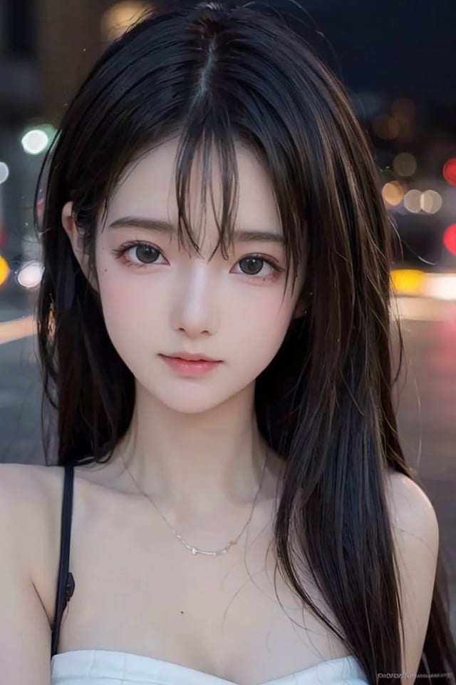 Best quality, masterpiece, ultra high res, (photorealistic:1.37), (medium full shot:1.3), raw photo, a young girl, 17 year old, long hair flowing by the wind, bangs, detailed eyes and face, perfect anatomy. dynamic lighting, in the dark, deep shadow, low key, cinematic image, bright city, floting city on the background. topless, 
