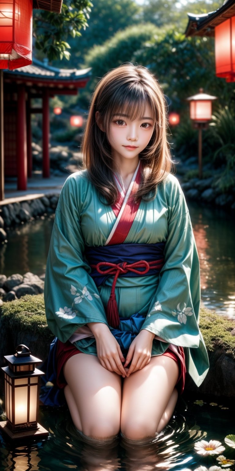 A tranquil scene unfolds: a young girl in traditional kimono kneels on a serene riverbank, hands releasing a Toro nagashi into the gentle current as warm sunlight softly illuminates her contemplative face amidst Japanese-inspired patterns. Composition: the subject's figure is centered, with the river and lanterns radiating outward from her. Watercolor brushstrokes blend soft hues of blue and green, reflecting the serene atmosphere. Warm light casts a peaceful ambiance, as vibrant lanterns drift lazily across the water's surface, their soft glow adding to the tranquil scene. (((medium shot, portrait))), 