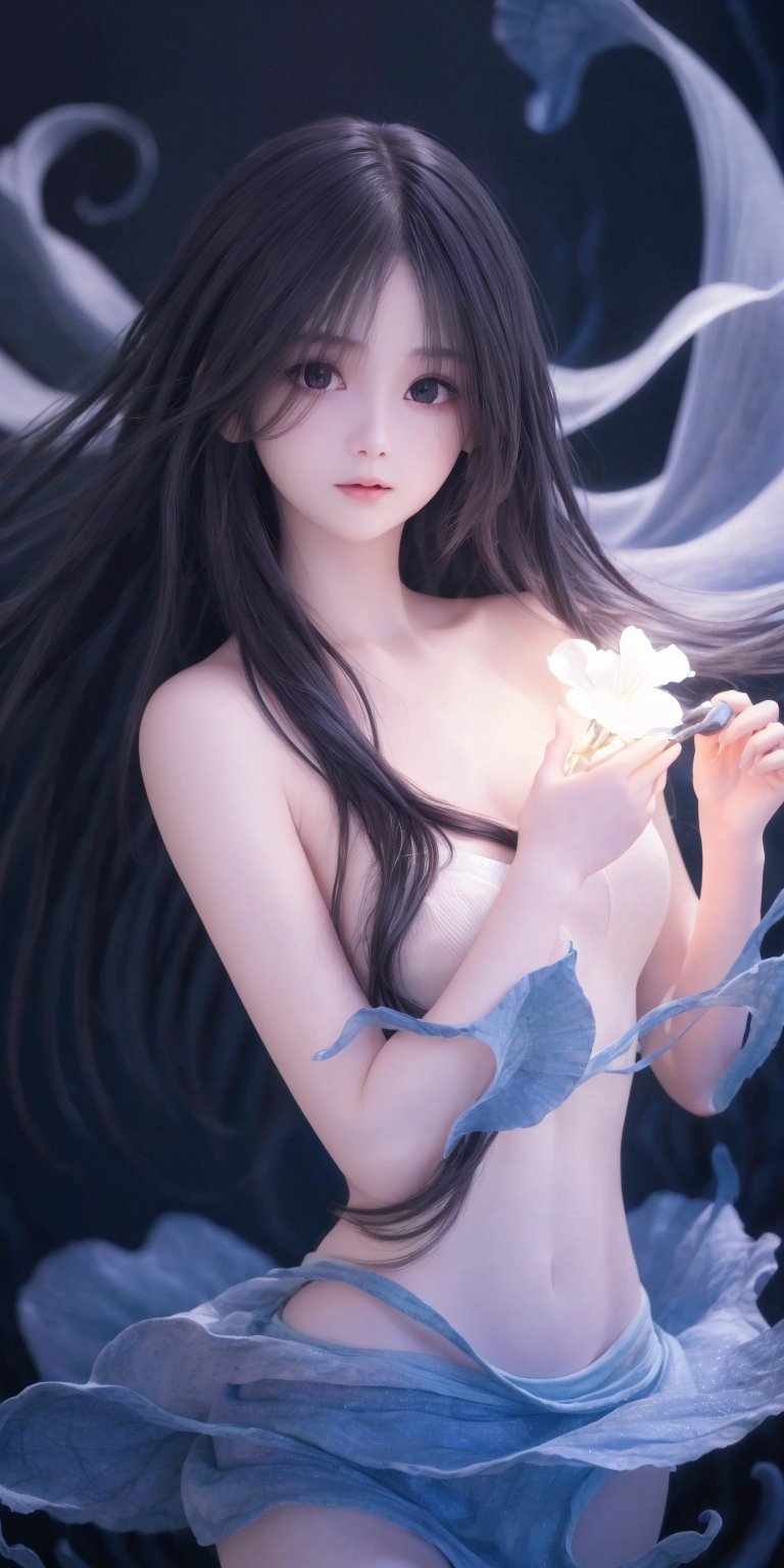 Ultra detailed realistic of a young girl lost in a magical world full of wonders, unique luminous flora never seen before, highly detailed, pastel colours, digital art, art by Mschiffer, night, dark, bioluminescence, slim, tall, perfect upper body, dynamic pose, pale skin, black hair, clear eyes, white skin, (long flowing hair, floating hair, long hair, messy hair), ((long floating sheers)), perfect fingers, long bangs, medium shot, upper body, in the dark, deep shadow, low key, intricate fractal art,luna