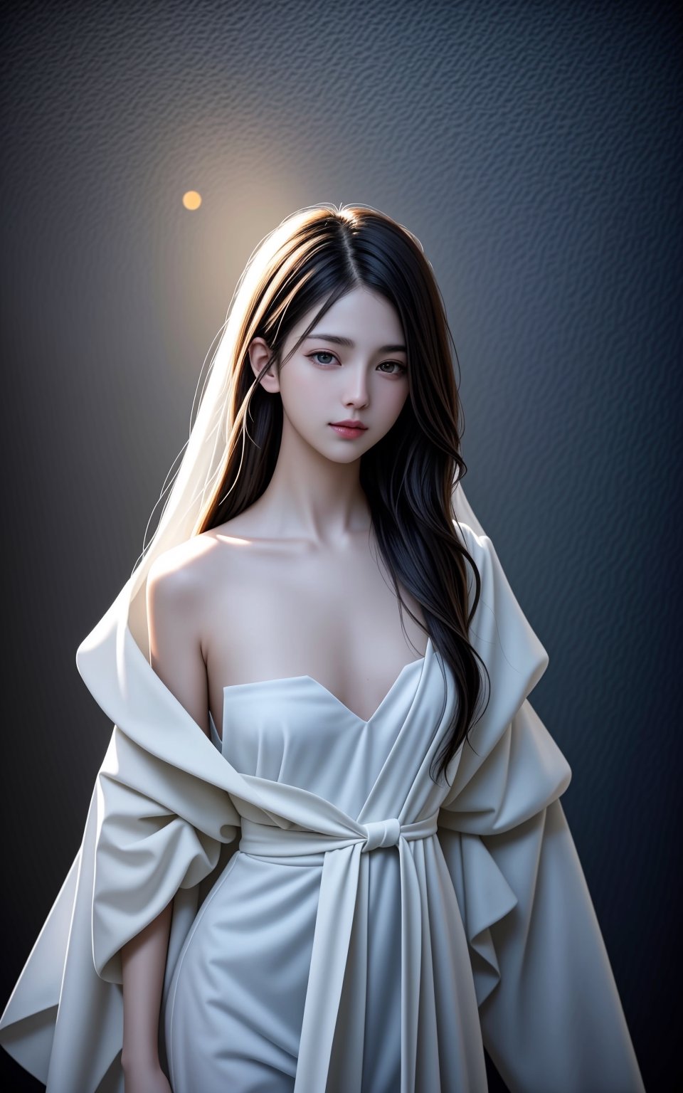 ((Masterpiece)), ((High resolution)), ((Fine detail)), (High-definition CG), HDR, (official art), (volumetric lighting:1.3), , (glowing:1.2), (pale color:1.0), (illustration:1.3), a woman, grey hanfu, winter, light snow falling, romantic atomsphere, intricate brush strokes, beautiful lighting, Color Grading, Unreal Engine, creative, expressive, stylized anatomy, digital art, (long white hair:1.3), bangs, ,<lora:659111690174031528:1.0>