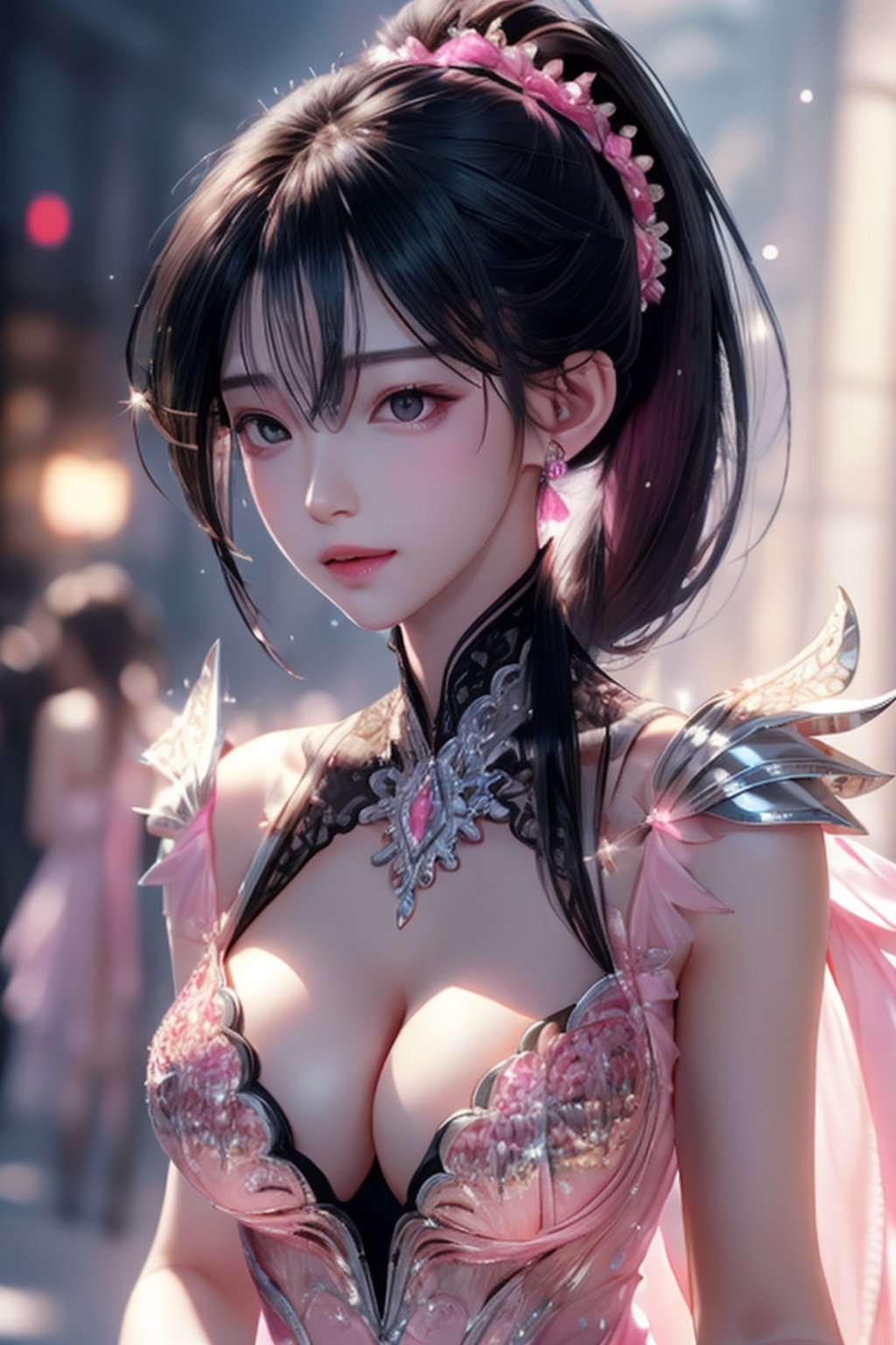 masterpiece, best quality, photorealistic, raw photo, hot girl, young girl, 1 girl, realistic face, posing dynamic, detailed_background, , realistic style,8k, detailed face, color contact lenses, haewonlorashy, perfect face, large breast,(((long black floating ponytail hair))), no panty, (((wearing fancy silver-pink sequin party dress, intricate and highly detailed, cleavage))), super bright scene, very bright backlighting, sharp focus, upper-body portrait, high-heeled shoes, (((sexy pose))), side_view
