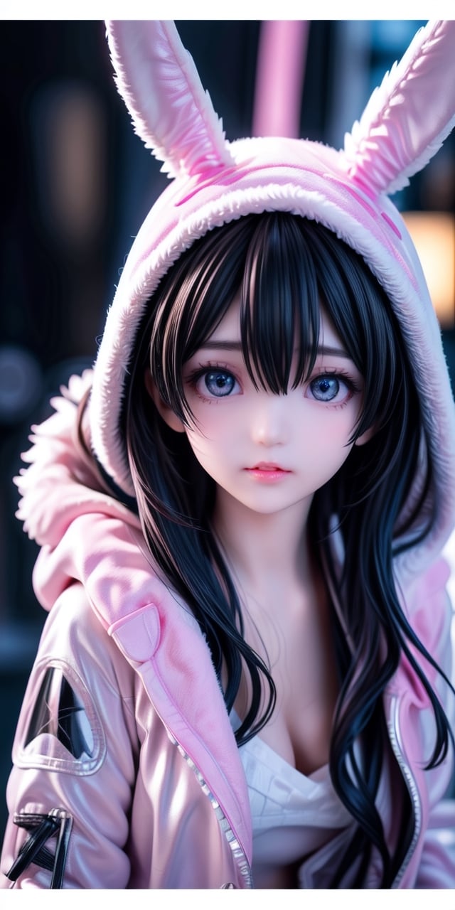 1girl, (futuristic detailed realistic background:1.3), (official art, beautiful and aesthetic:1.2), realistic lighting, 1girl, ( pink rabbit fluffy parka coat:1.3), blue eyes, blurry, blurry background,  hair ornament, lips, looking at viewer, round chest, navel, pauldrons, twintails , solo,  ( cute, petite:1.2 ), slender, latex, 
midjourney, ,<lora:659111690174031528:1.0>