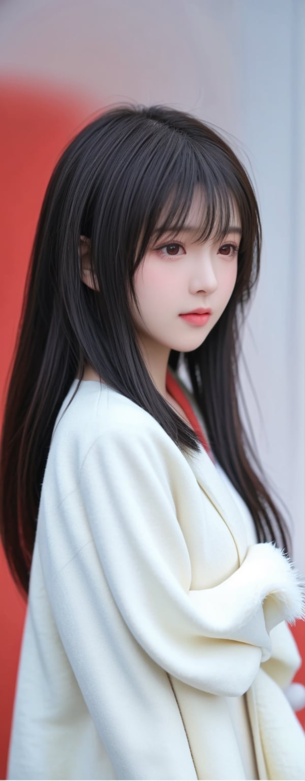  A short-haired girl standing in the snow, Red Coat, head up, breeze blowing hair, snow, snowflakes, depth of field, telephoto lens, messy hair, (close-up) , (sad) , sad and melancholy atmosphere, reference movie love letter, profile, head up, ((floating)) bangs or fringes of hair, eyes focused, half-closed, center frame, bottom to top,
,Enhance,<lora:659111690174031528:1.0>