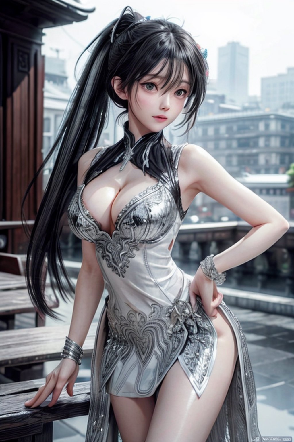 masterpiece, best quality, photorealistic, raw photo, hot girl, young girl, 1girl, realistic face, posing dynamic, detailed_background, , realistic style,8k, detailed face, color contact lenses, haewonlorashy, perfect face, large breast,(((long black floating ponytail hair))), no panty, (((wearing fancy silver-white sequin party dress, intricate and highly detailed, cleavage))), super bright scene, very bright backlighting, sharp focus, upper-body portrait, high-heeled shoes, (((sexy pose))), side_view
