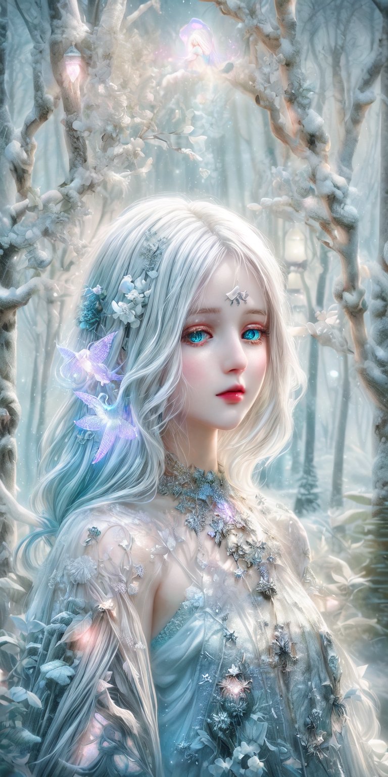 medium full shot, details face, white skin, white hair, white, Ultra detailed illustration of an angel lost in a magical world full of wonders, ((unique luminous forest)), highly detailed, pastel colors,  digital art, art by Mschiffer, night, dark, bioluminescence,Holy light