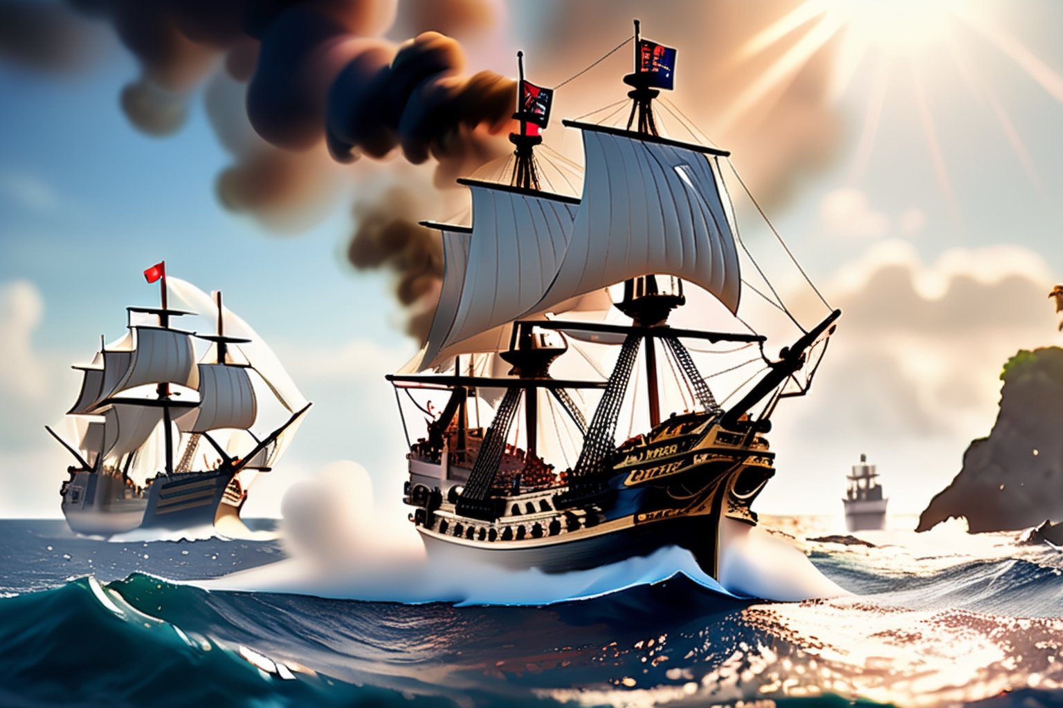 Miniature sea and pirate ship fights against a royal warship, (((cannon fire, puffs of gunpowder smoke))), tilt-shift photo, creative photography posters, miniature photography, beautiful lighting, emphasis lighting, global lighting surreal, ultra - detailed, 8k, simple composition, 8k, wallpaper, cinematic, commercial ad campaign --raw

