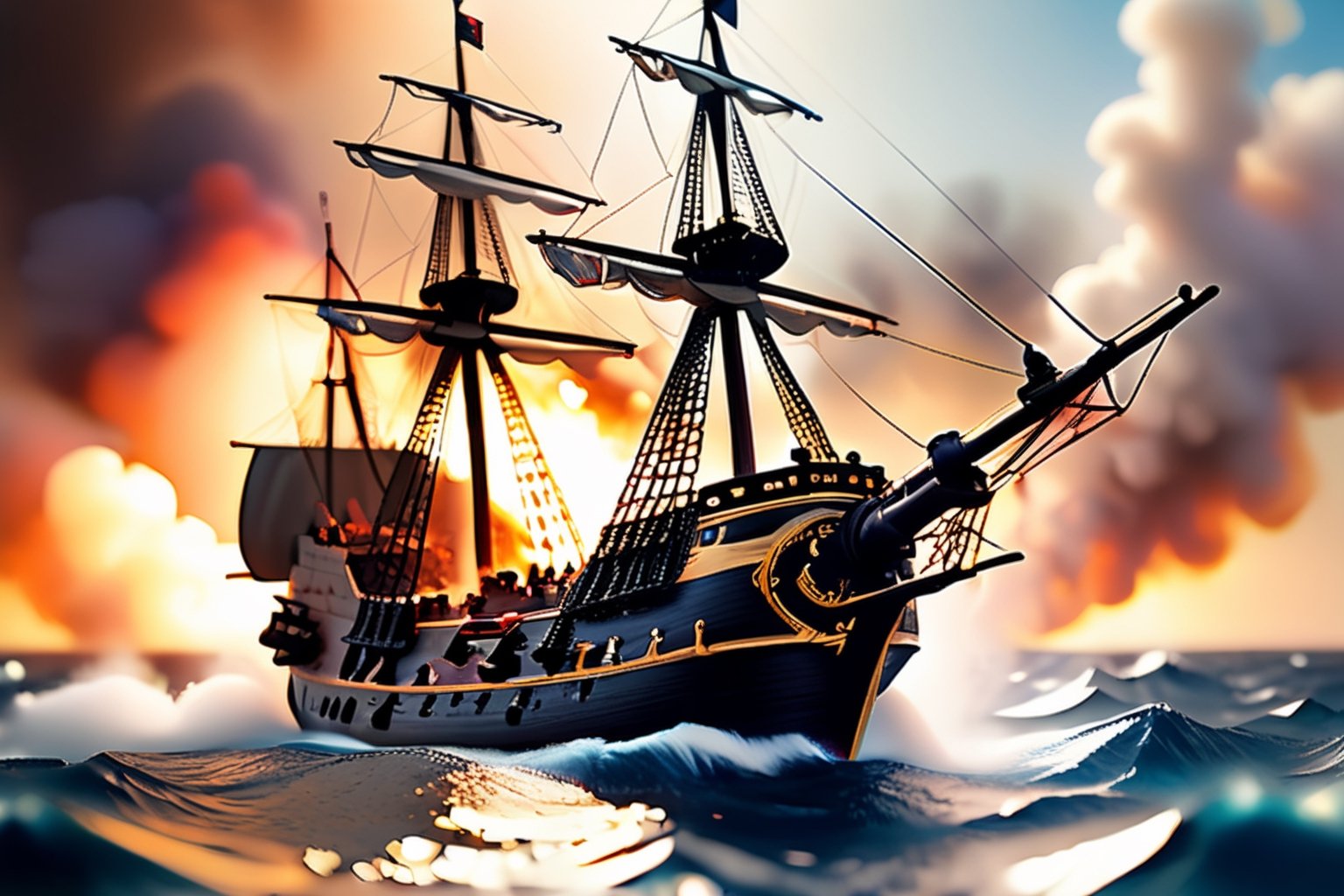 Miniature sea and pirate ship fights against a royal warship, (((cannon fire, puffs of gunpowder smoke))), tilt-shift photo, creative photography posters, miniature photography, beautiful lighting, emphasis lighting, global lighting surreal, ultra - detailed, 8k, simple composition, 8k, wallpaper, cinematic, commercial ad campaign --raw

