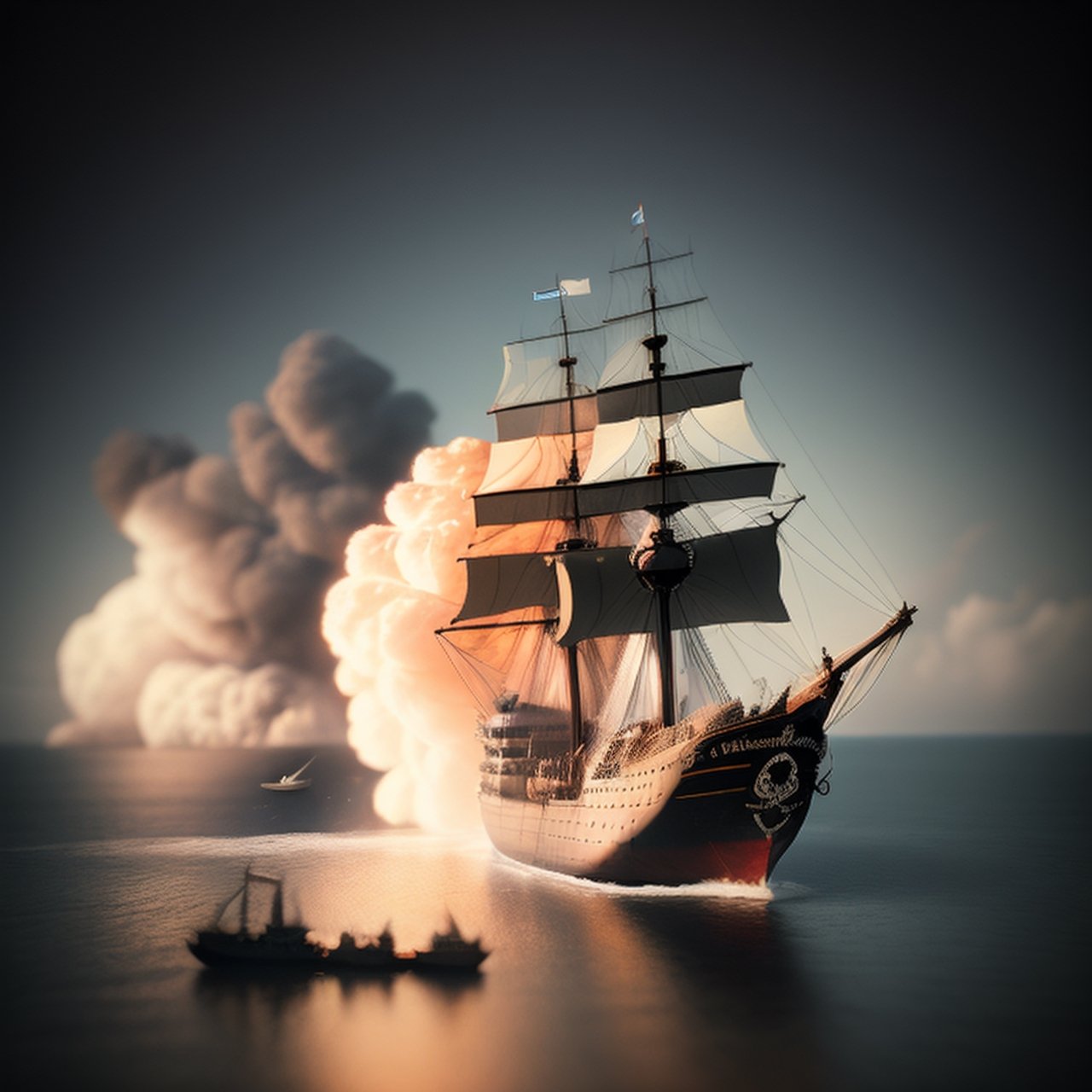 Miniature sea and pirate ship fights against a royal warship, cannon fire, puffs of gunpowder smoke, tilt-shift photo, creative photography posters, miniature photography, beautiful lighting, emphasis lighting, global lighting surreal, ultra - detailed, 8k, simple composition, 8k, wallpaper, cinematic, commercial ad campaign --raw

