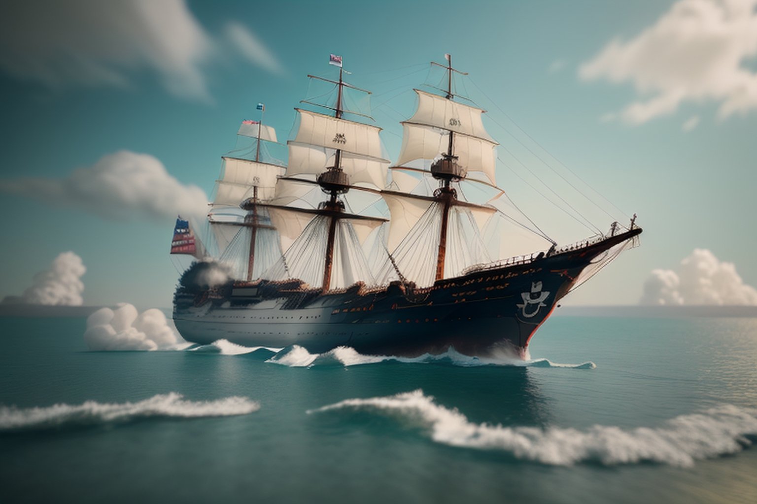 Miniature sea and pirate ship fights against a royal warship, cannon fire, puffs of gunpowder smoke, tilt-shift photo, creative photography posters, miniature photography, beautiful lighting, emphasis lighting, global lighting surreal, ultra - detailed, 8k, simple composition, 8k, wallpaper, cinematic, commercial ad campaign --raw

