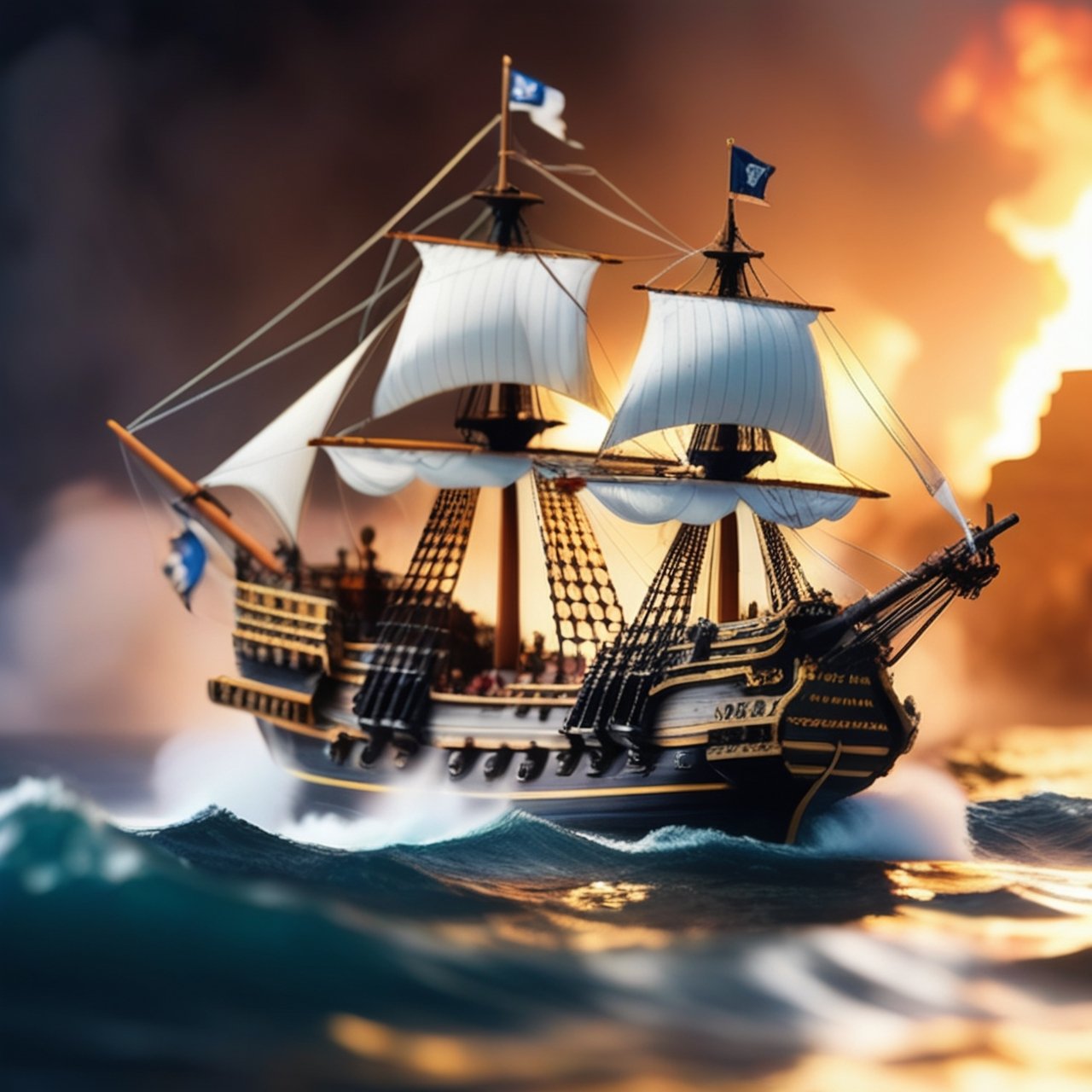 Miniature sea and pirate ship fights against a royal warship, cannon fire, puffs of gunpowder smoke, tilt-shift photo, creative photography posters, miniature photography, beautiful lighting, emphasis lighting, global lighting surreal, ultra - detailed, 8k, simple composition, 8k, wallpaper, cinematic, commercial ad campaign --raw

