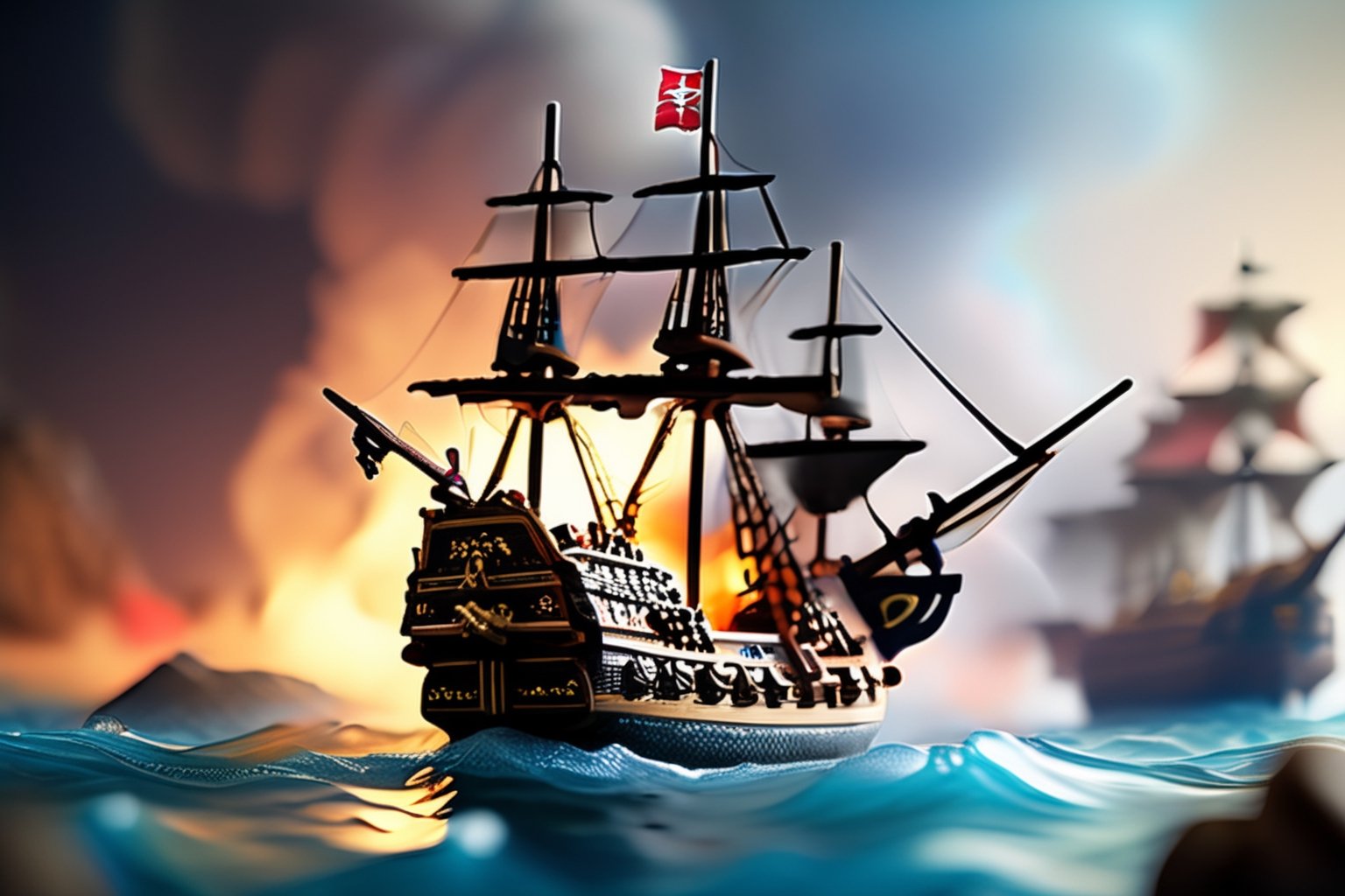 Miniature sea and pirate ship fights against a royal warship, (((cannon fire, puffs of gunpowder smoke))), tilt-shift photo, creative photography posters, miniature photography, beautiful lighting, emphasis lighting, global lighting surreal, ultra - detailed, 8k, simple composition, 8k, wallpaper, cinematic, commercial ad campaign --raw

