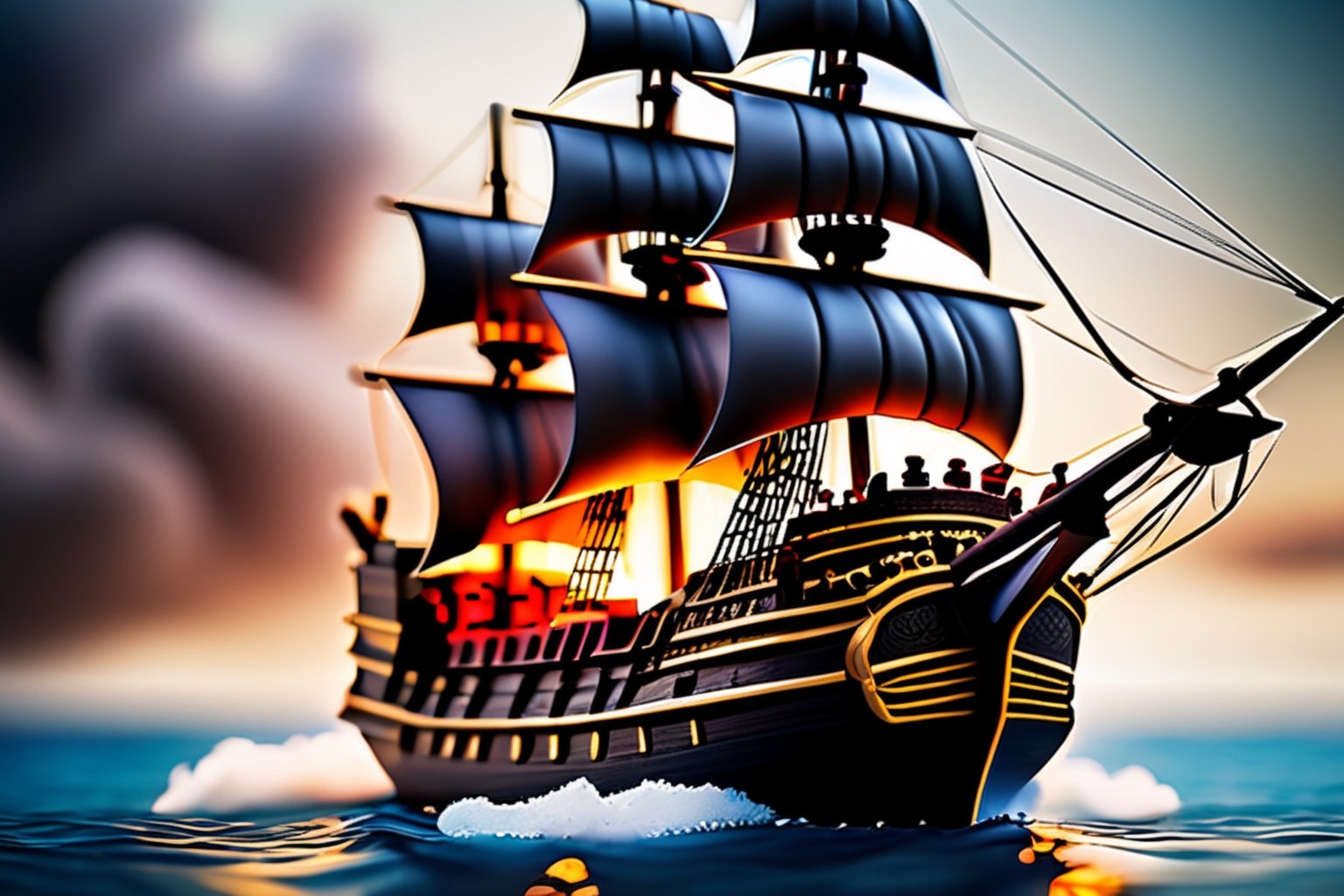 Miniature sea and pirate ship fights against a royal warship, (((cannon fire, puffs of gunpowder smoke))), tilt-shift photo, creative photography posters, miniature photography, beautiful lighting, emphasis lighting, global lighting surreal, ultra - detailed, 8k, simple composition, 8k, wallpaper, cinematic, commercial ad campaign --raw

