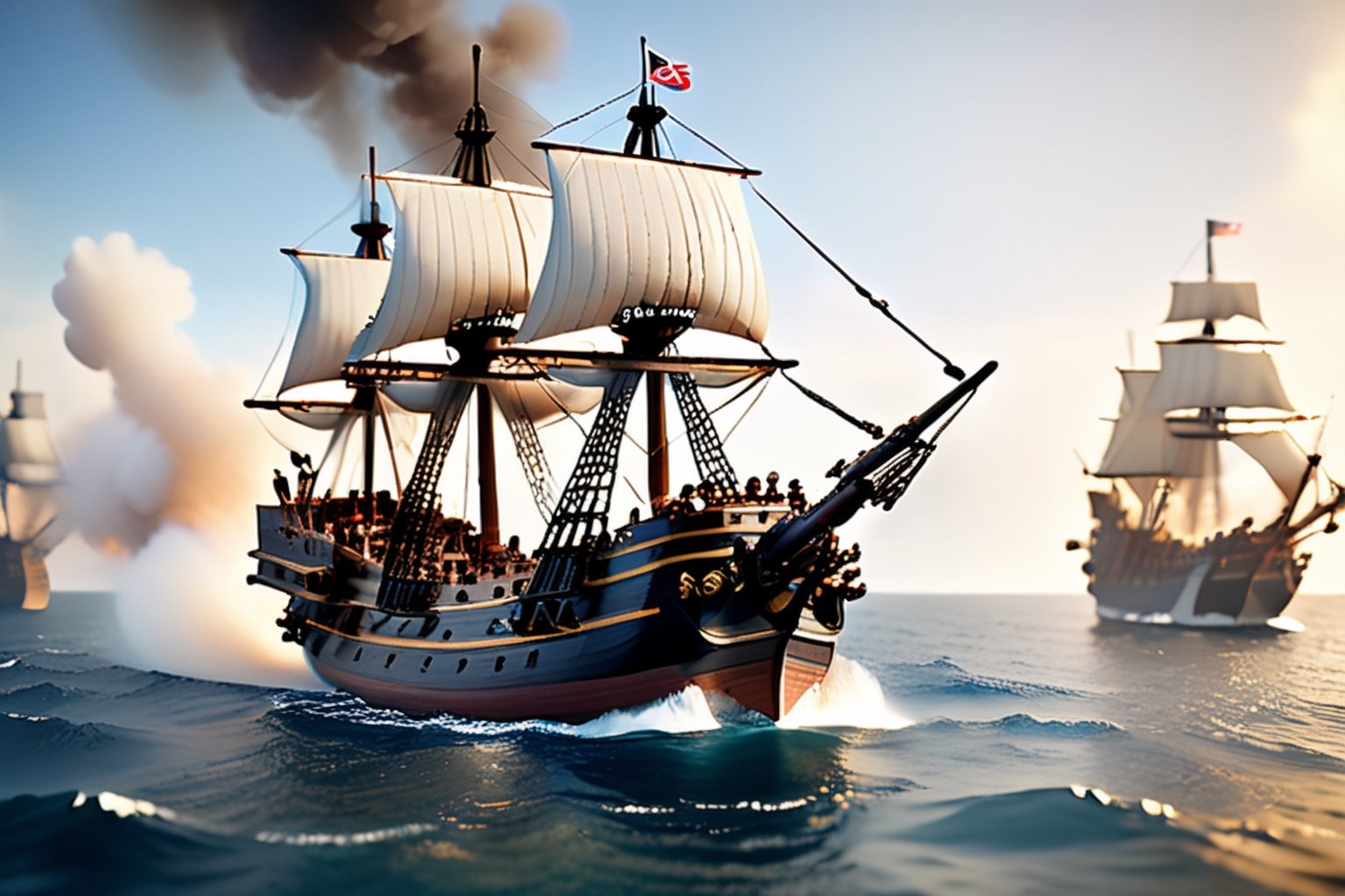 Miniature sea and pirate ship fights against a royal warship, (((cannon fire, puffs of gunpowder smoke))), tilt-shift photo, creative photography posters, miniature photography, beautiful lighting, emphasis lighting, global lighting surreal, ultra - detailed, 8k, simple composition, 8k, wallpaper, cinematic, commercial ad campaign --raw

