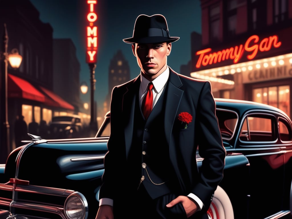 Gangster in black suit with fedora with tommy gan in hand red carnation in pocket, expensive 30's car, expensive restaurant in background, dramatic lighting, Graphic Novel style