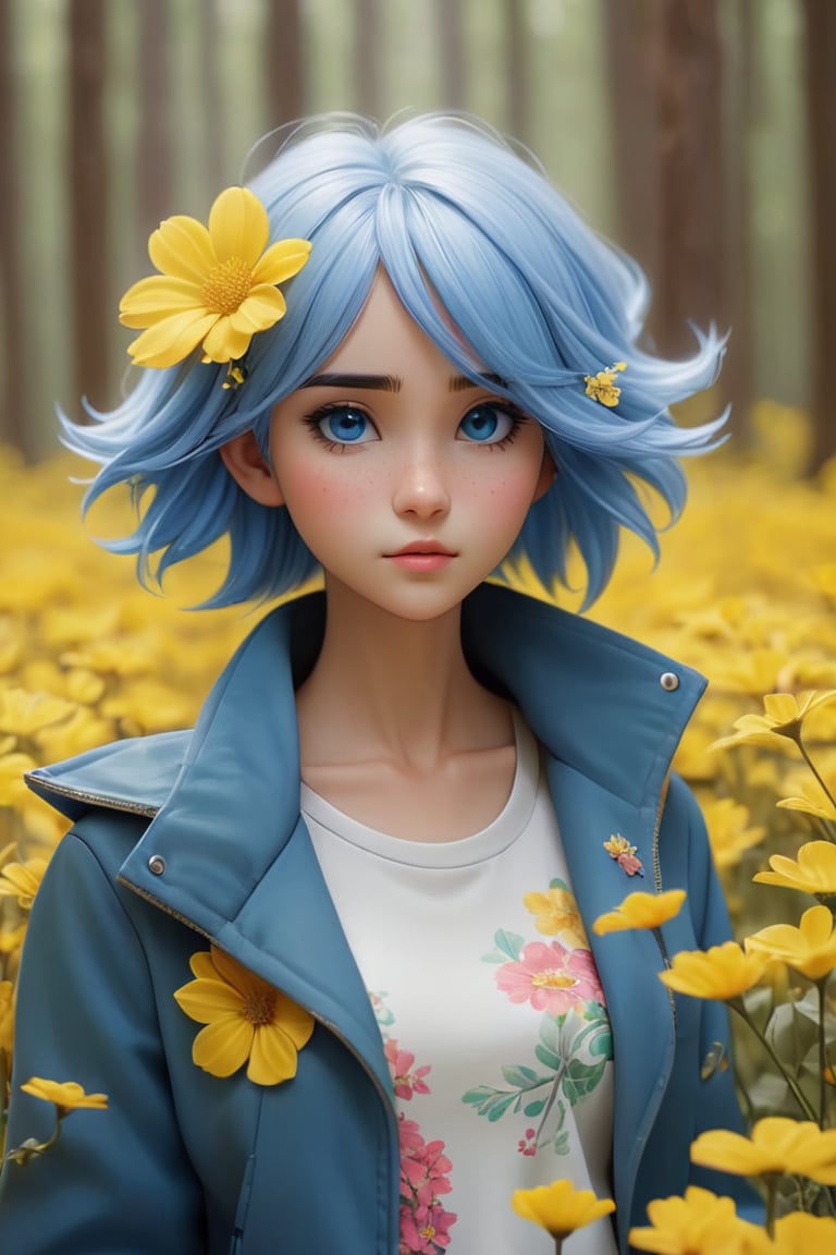 An enchanting blue-haired girl adorned with a jacket and delicate flowers takes center stage. Rendered with finesse in Cinema4D, the artistry embraces the realm of realistic portraiture. Imbued with an atmosphere reminiscent of woodland vistas, the scene is alive with hues of yellow and azure, evoking a sense of serene wonder. The human figures are brought to life with a touch of realism, achieved through meticulous photo-realistic techniques. This portrayal carries a unique blend of cinematic depth and anime-inspired allure, offering a harmonious balance between the fantastical and the tangible.,Movie Still