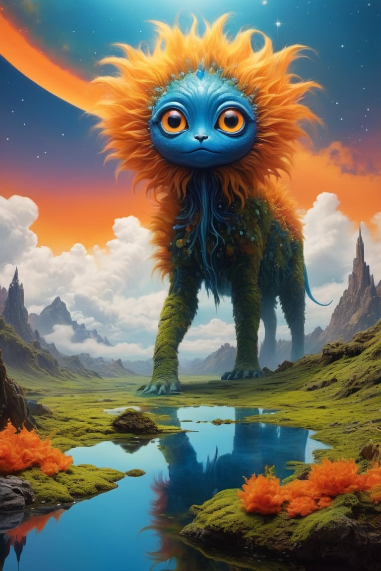 Fluffy alien creature with one blue reflective eye in the center, on wet hobnail moss, accurate_anatomy, orange long fur, blue spikes, 
vivid, elegant, mid shot, space nebula sky, star lens effect." Art By Ray Caesar a giant with stange liquid Hyper Detailed, Oil On Canvas, Harumi Hironaka, Victo Nagai, Agnes Cecile, Vibrant Colours, Alma Tadema, Psychedelic, Glowing Neon, by Jan Gossart, by Jean Charlot, ink droplets, watercolor, digital manipulation, loose painting style, intricate detail, cinematic lighting, octane render, 8k render, volumetric lighting, sharp focus, studio photo, 
intricate details, highly detailed, full-color fantasy acrylic and digital art "Epic cinematic brilliant stunning intricate meticulously detailed dramatic atmospheric maximalist digital matte painting, realistic, 
complementary colors", ultra hd, realistic, vivid colors, highly detailed, UHD drawing, pen and ink, perfect composition, beautiful detailed intricate insanely detailed octane render trending on artstation, 8k artistic photography, photorealistic concept art, 
soft natural volumetric cinematic perfect light,greg rutkowski