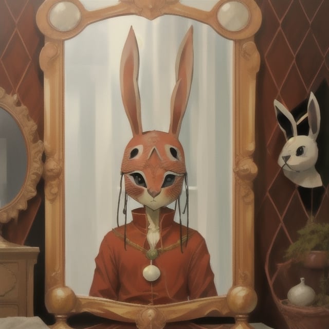 a boy wearing a rabbit mask in anime style, look at a mirror