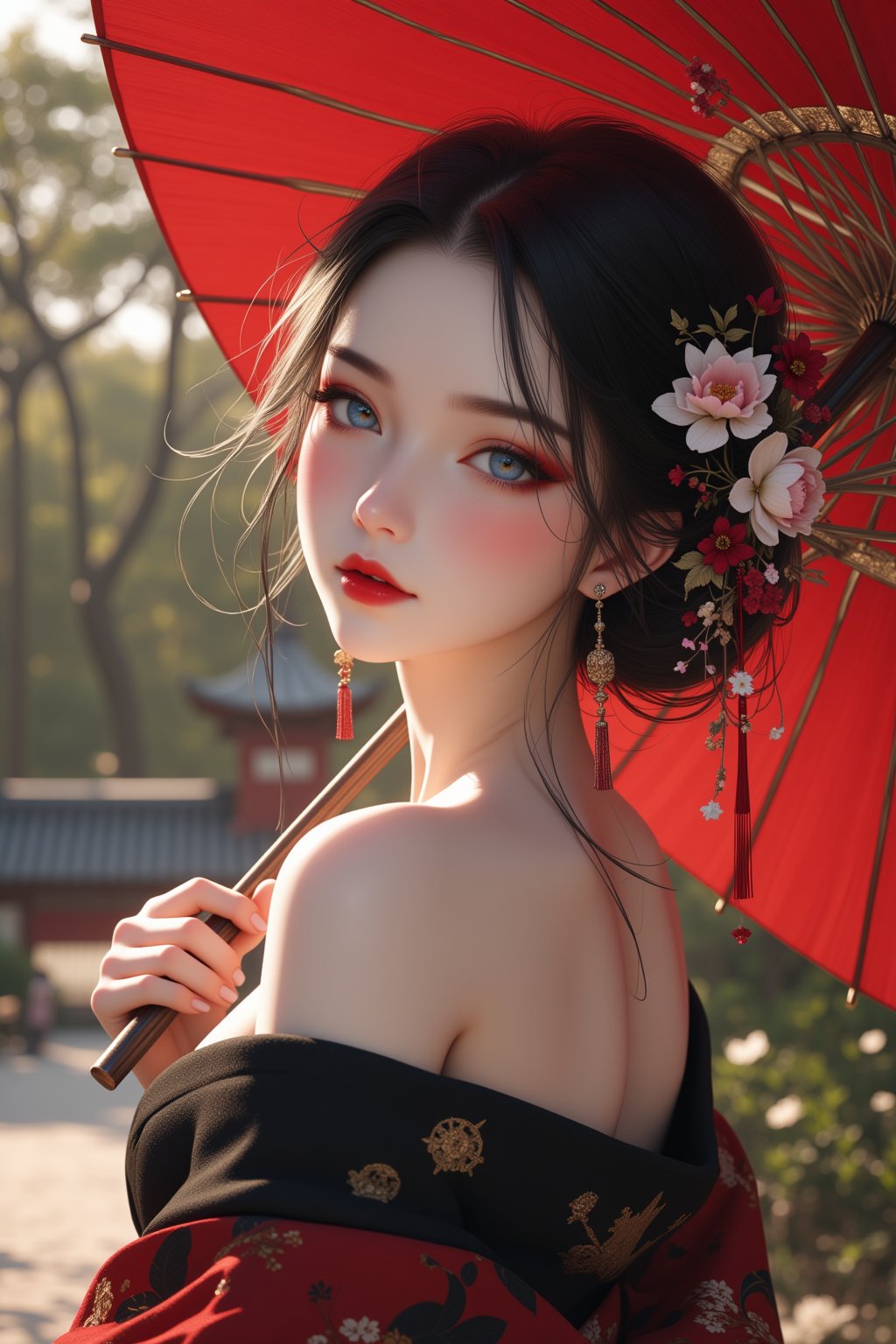 (masterpiece:1.2),best quality, high resolution, unity 8k wallpaper, perfect lighting, extremely detailed CG, fine detail, extremely detailed, soft lighting and shadow, A portrait beautiful girl wearing an off-shoulder 
 black and red kimono. The woman's head is tilted, and her hair is loose on her shoulders. Her eyes are a sharp blue, and her lips are red. Her hair is adorned with a crown of flowers, which adds a touch of beauty to the scene. The background is a Japanese temple in forest with depth of field effect. she is holding a red paper umbrella with many gold patterns, view from side.