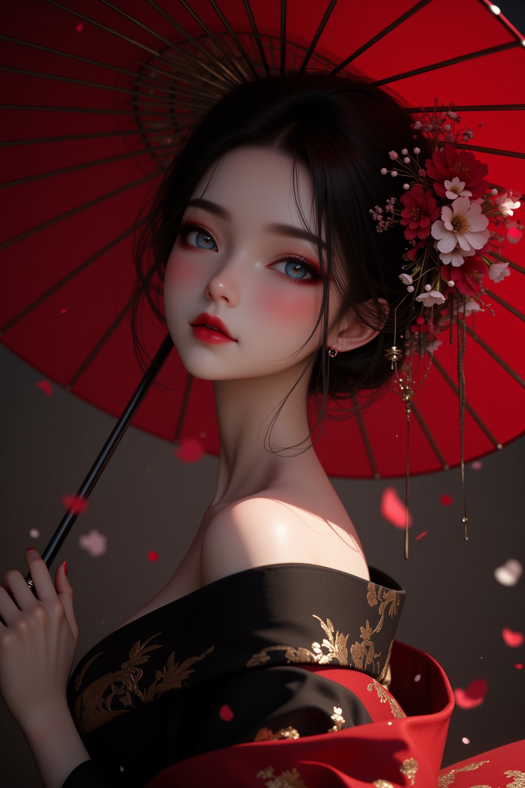 (masterpiece:1.2),best quality, high resolution, unity 8k wallpaper, perfect lighting, extremely detailed CG, fine detail, extremely detailed, soft lighting and shadow, A portrait beautiful girl wearing an off-shoulder 
black and red kimono with gold patterns. The woman's head is tilted, and her hair is loose on her shoulders. Her eyes are a sharp blue, and her lips are red. Her hair is adorned with a crown of flowers, which adds a touch of beauty to the scene. dark night background with falling petals and the depth of field effect. she is holding a red paper umbrella with gold patterns, view from behind, 