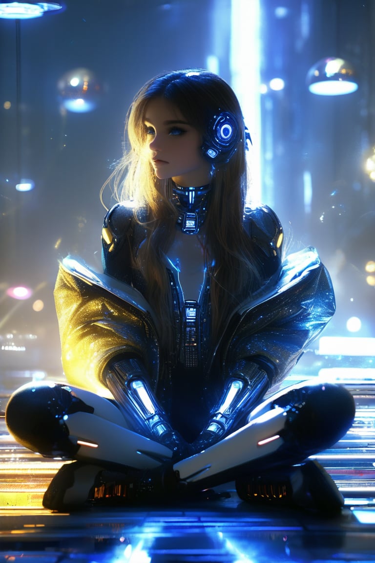 A beautiful girl with cybernetic enhancements sits on a floor, surrounded by the shadows of her massive, oversized clothing. The dimly lit room's walls seem to close in around her as she gazes up, her eyes reflecting the faint glow of blue circuitry beneath her skin. From this low angle, the giant buttons and pockets of her apparel loom large, creating an otherworldly atmosphere.,cyberpunk,futuristic,sci-fi