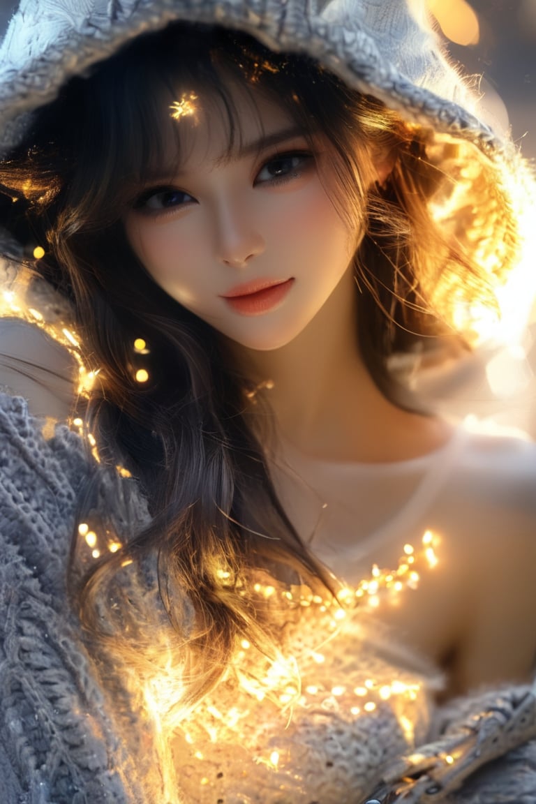 masterpiece, best quality, raw photo,1girl, portrait, seducing, simple background, off-shoulder_sweater,glowing aura