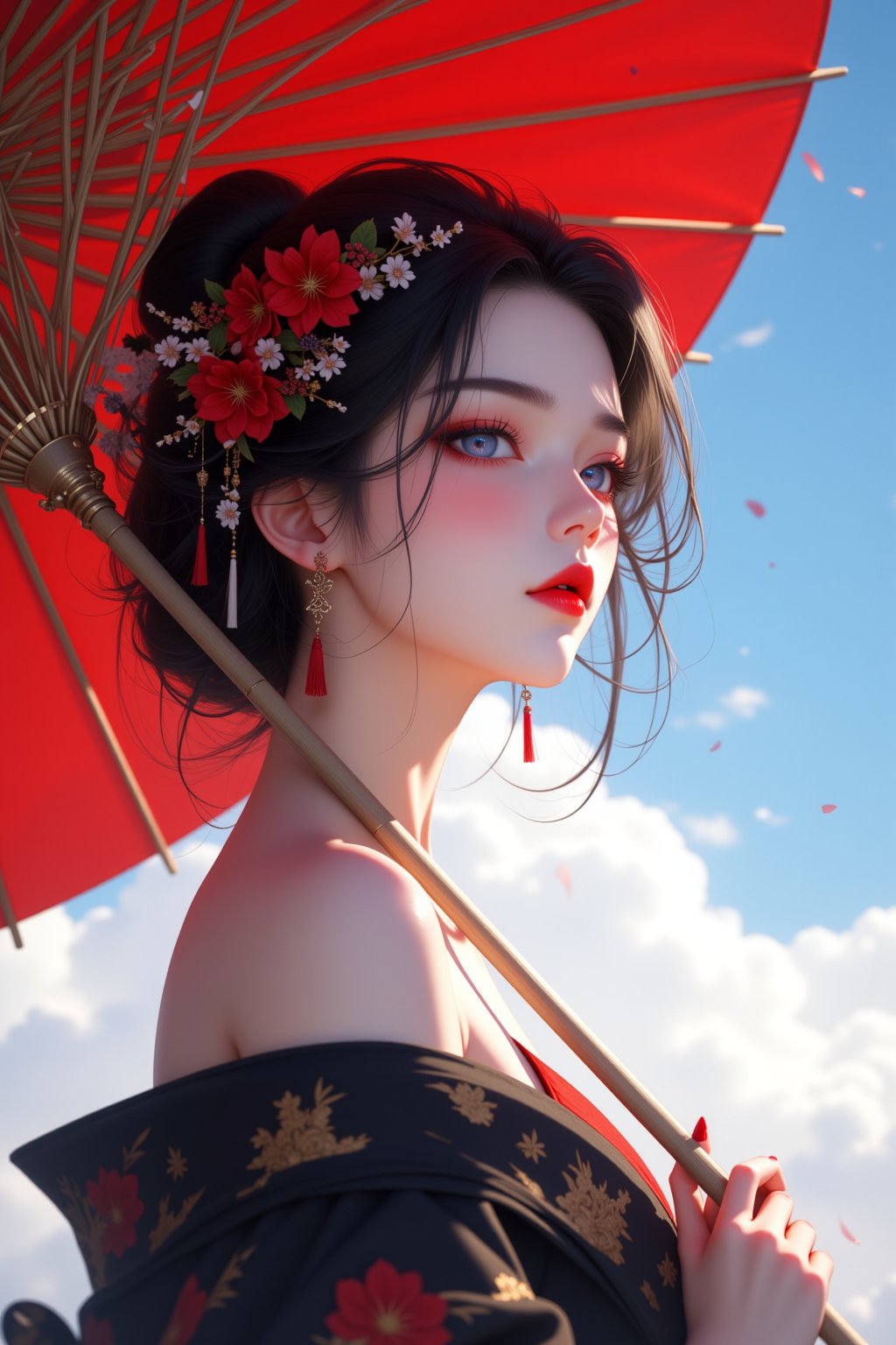 (masterpiece:1.2),best quality, high resolution, unity 8k wallpaper, perfect lighting, extremely detailed CG, fine detail, extremely detailed, soft lighting and shadow, A portrait beautiful girl wearing an off-shoulder kimono. The woman's head is tilted, and her hair is loose on her shoulders. Her eyes are a sharp blue, and her lips are red. Her hair is adorned with a crown of flowers, which adds a touch of beauty to the scene. The background is a blue sky with bokeh effect. she is holding a red paper umbrella with many gold patterns, view from side.