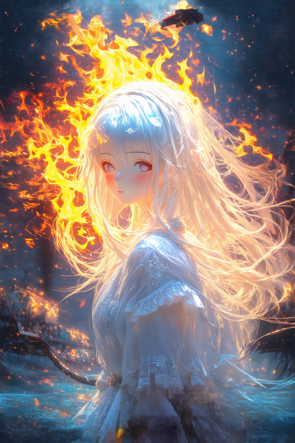 (masterpiece, best quality:1.3), (surreal:1.3), intricate details, poster style, 1girl, Japanese, , long white fire hair, high quality, high resolution, high precision, realism, color correction, proper lighting settings, harmonious composition