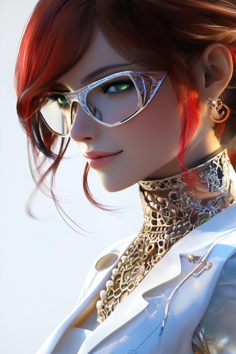 masterpiece, best quality,intricate detailsmasterpiece, best quality, 3D rendering, 3DMM style, Close-up, sportrait, 3D, 1girll, smile, wearing glasses, Solo, （Brunette long red hair 3.2）, choker necklace, freckles, jewelry, Look at the camera realistically, Upper body, （White suit 1.2）Simple background and white, edged, looking away, short hair, parted lips, green eyes, gothic, choker and necklace, wearing makeup