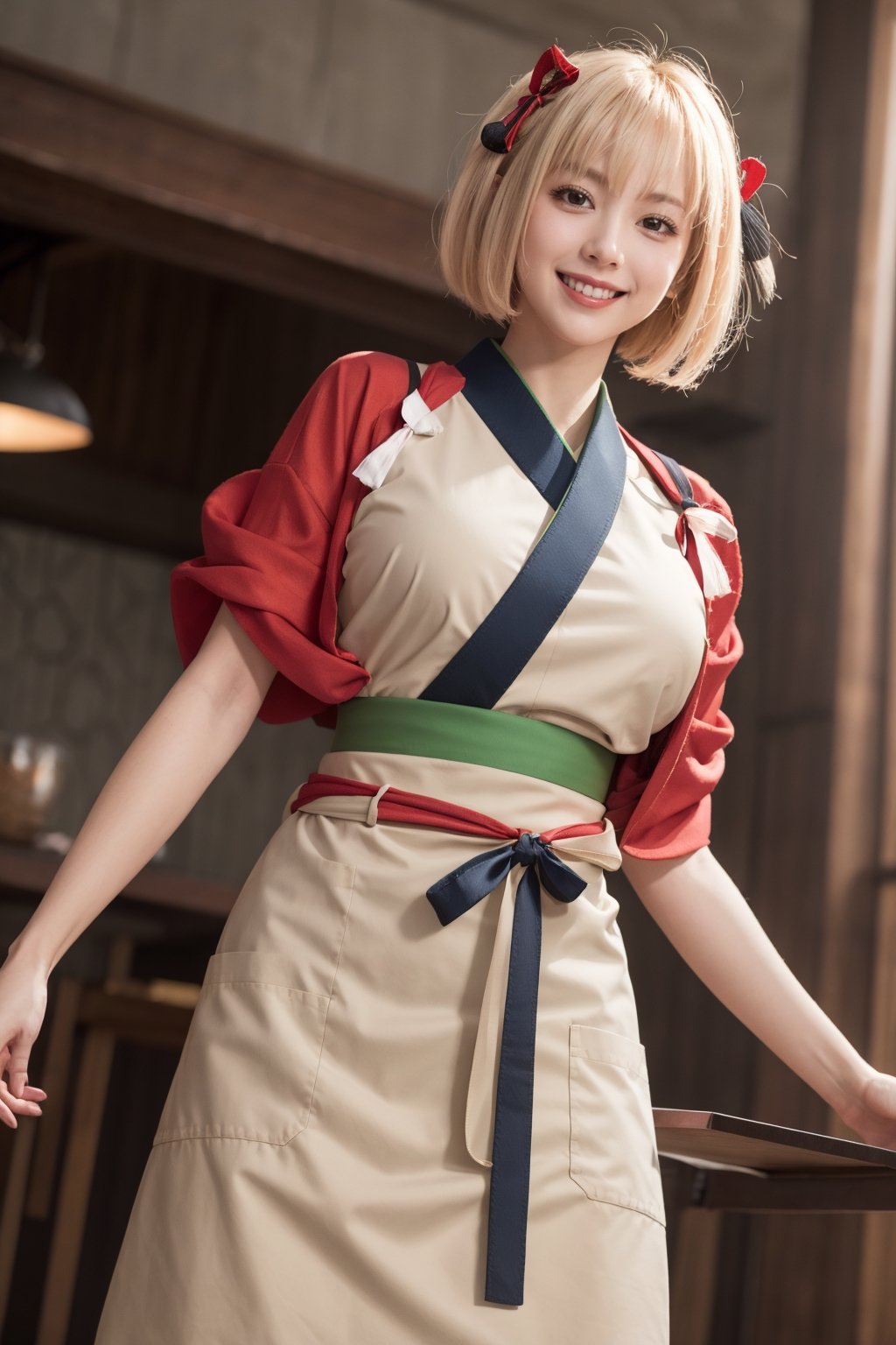 masterpiece, best quality, highres, aachisato, short hair, hair ribbon, japanese clothes, (red kimono:1.2), sash, (brown apron:1.2), , indoors, cafe, holding tray, smile,aachisato, (smile:1.2) ( shiny oil skin:1.0), cowboy_shot, curved body, (dynamic sexy pose:1.7), sexy body, (gigantic breast:1.2), 9 head length body, looking at viewer, from below,