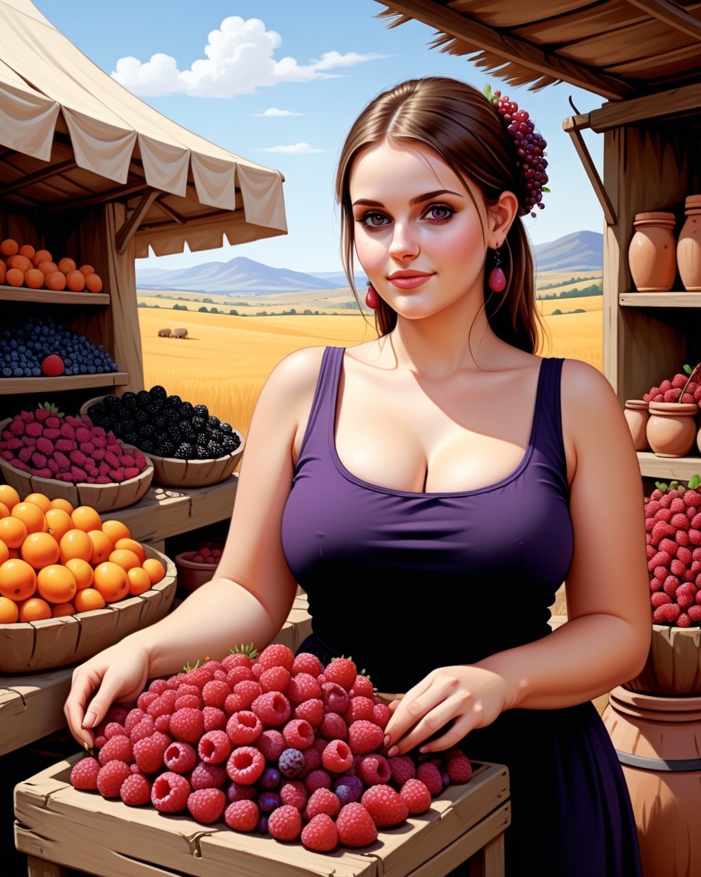 create an image of 20 yo beautiful curvy and busty Neolithic European female [Maria Ozawa:Maude Adams:0.35] berries vendor, she sell various berries like raspberry, blueberry, mulberries, strawberries and preserved berries and honey in a ((clay jars)), she is friendly and always give a content face expression, ((she is talking passionatelyvfriendlyto a viewer)) that buy her produce at her neat and mesmerizing berries stall, detailed beautiful face, insanely detailed and intricate otherworldly Neolithic market scene background, ultra photo realistic oil on canvas painting,comic book,more detail XL