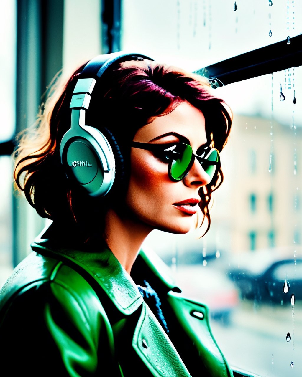 (masterpiece, photo-realistic, moody:1.5), a captivating portrayal of a girl [Sophia Loren:Mause Adams:0.45] with a chic black chanel bob, mesmerizing green eyes, and cute freckles on her cheeks, (lost in the world of music as she wears wifi headphones:1.5), her head resting against the windowpane, wearing a colorful winter coat, (a hint of melancholy reflected in her expression:1.3), raindrops decorating the window, with a soft, dim light illuminating the scene, (evoking a sense of introspection and emotion:1.3), Cinematic, Hyper-detailed, insane details, Beautifully color graded, Unreal Engine, DOF, Super-Resolution, Megapixel, Cinematic Lightning, Anti-Aliasing, FKAA, TXAA, RTX, SSAO, Post Processing, Post Production, Tone Mapping, CGI, VFX, SFX, Insanely detailed and intricate, Hyper maximalist, Hyper realistic, Volumetric, Photorealistic, ultra photoreal, ultra-detailed, intricate details, 8K, Super detailed, Full color, Volumetric lightning, HDR, Realistic, Unreal Engine, 16K, Sharp focus, Octane render --v testp