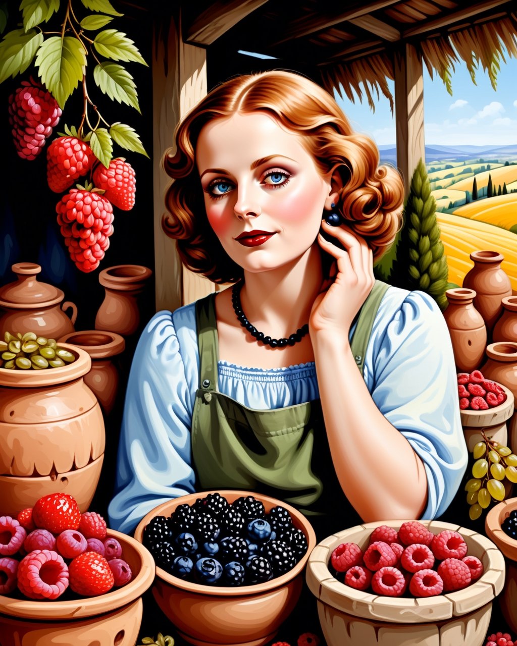 create an image of 20 yo beautiful curvy and busty Neolithic European female [Greta Garbo:Maude Adams:0.35] berries vendor, she sell various berries like raspberry, blueberry, mulberries, strawberries and preserved berries and honey in a ((clay jars)), she is friendly and always give a content face expression, ((she is talking passionatelyvfriendlyto a viewer)) that buy her produce at her neat and mesmerizing berries stall, detailed beautiful face, insanely detailed and intricate otherworldly Neolithic market scene background, ultra photo realistic oil on canvas painting,comic book,more detail XL