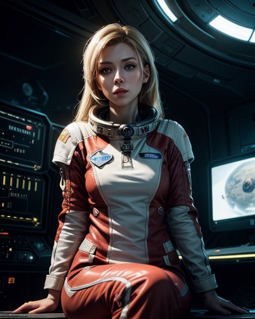 (masterpiece, best quality, illustration, unreal engine 5, official art:1.3), Rich Red color scheme, Don Lawrence hyper realistic picture of Blond Haired (Marilynn Monroe:Elisabeth Sladen:0.45) as a Female Space Explorer, a technocratic, omnivorous, iridescent, astronaut commander, (sitting in a starbase control room:1.2),detailed face, detailed hair, detailed eyes, perfect fingers, insanely intricate detail, absurdres, 8k,neotech