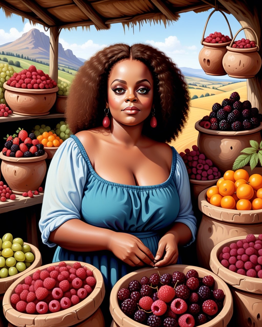 create an image of 20 yo beautiful curvy and busty Neolithic European female [Diana Ross:Maude Adams:0.35] berries vendor, she sell various berries like raspberry, blueberry, mulberries, strawberries and preserved berries and honey in a ((clay jars)), she is friendly and always give a content face expression, ((she is talking passionatelyvfriendlyto a viewer)) that buy her produce at her neat and mesmerizing berries stall, detailed beautiful face, insanely detailed and intricate otherworldly Neolithic market scene background, ultra photo realistic oil on canvas painting,comic book,more detail XL