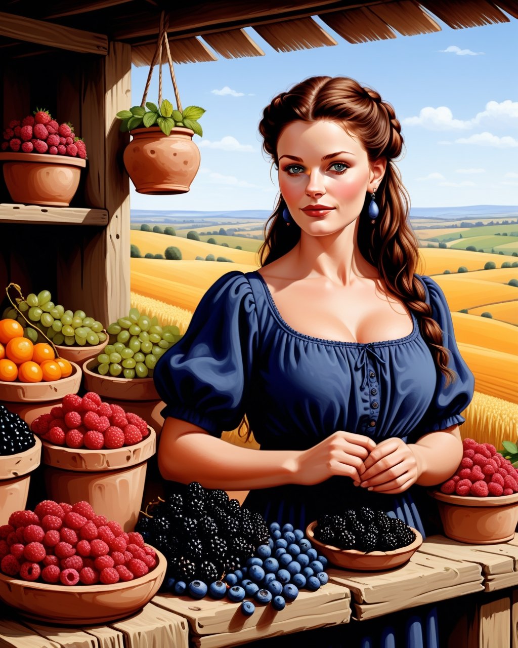 create an image of 20 yo beautiful curvy and busty Neolithic European female [Catherine Zeta Jones:Maude Adams:0.35] berries vendor, she sell various berries like raspberry, blueberry, mulberries, strawberries and preserved berries and honey in a ((clay jars)), she is friendly and always give a content face expression, ((she is talking passionatelyvfriendlyto a viewer)) that buy her produce at her neat and mesmerizing berries stall, detailed beautiful face, insanely detailed and intricate otherworldly Neolithic market scene background, ultra photo realistic oil on canvas painting,comic book,more detail XL