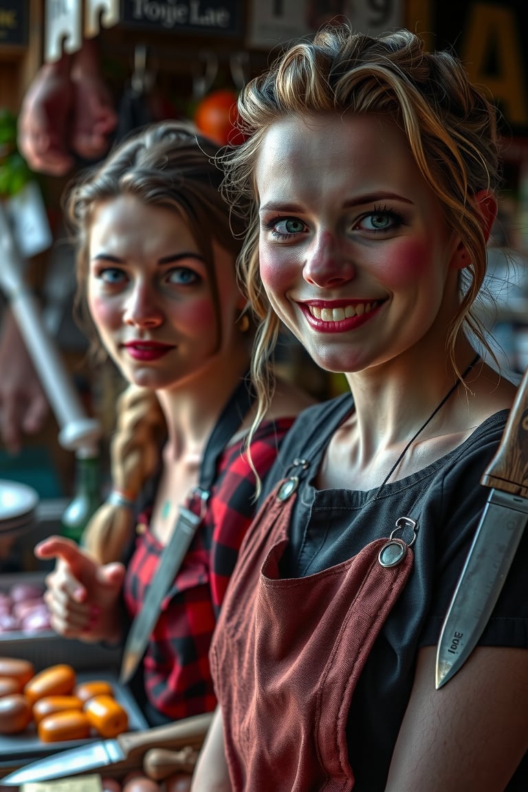 Realistic 21 yo Beautiful friendly and happy Traditional Market female vendors [Amy Adams:Maude Adams:0.45], butcher section, butcher dagger, butcher apron, detailed face, perfect face, perfect eyes, symmetric eyes, insanely detailed and intricate, ultra sharp focus, cinematic scene by Tim Burton, professional masterpiece photo realistic digital artwork by Frank Bellamy, artistic scene by Tim Burton, directional lighting, octane render, professional lightroom color grading by Mark McGee