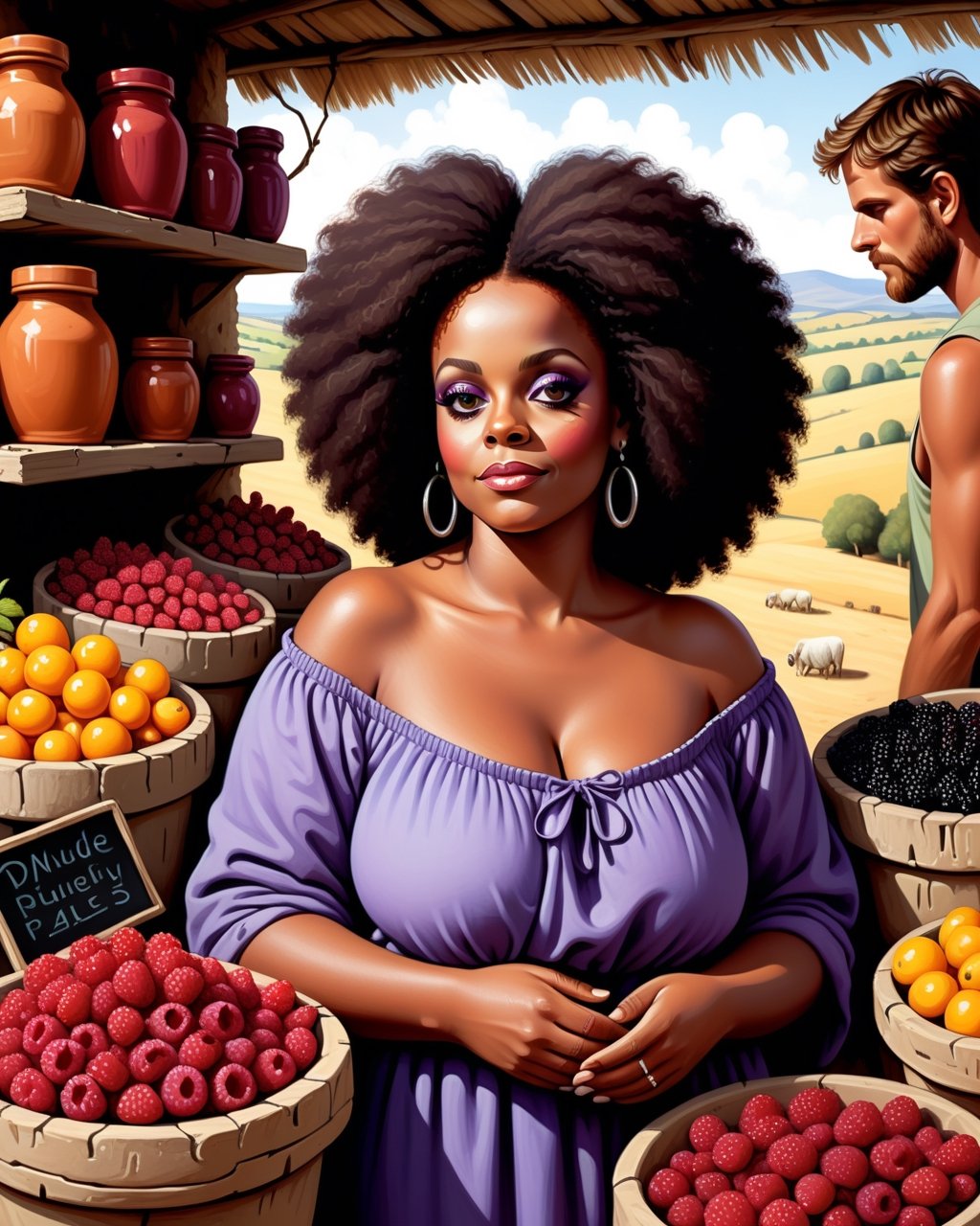 create an image of 20 yo beautiful curvy and busty Neolithic European female [Diana Ross:Maude Adams:0.35] berries vendor, she sell various berries like raspberry, blueberry, mulberries, strawberries and preserved berries and honey in a ((clay jars)), she is friendly and always give a content face expression, ((she is talking passionatelyvfriendlyto a viewer)) that buy her produce at her neat and mesmerizing berries stall, detailed beautiful face, insanely detailed and intricate otherworldly Neolithic market scene background, ultra photo realistic oil on canvas painting,comic book,more detail XL