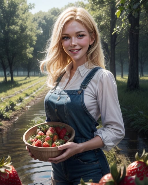 a happy smiling gorgeous blondie female Strawberry Farmer nurturing her just about to crop strawberries in a size of chicken egg at her vast strawberry fihappy smiling led with beautiful background, water well and woods, an epic masterpiece hyper realistic digital art of Frank Bellamy, professional color grading by Kenneth Hines Jr., 80's European Color Comic Style, 