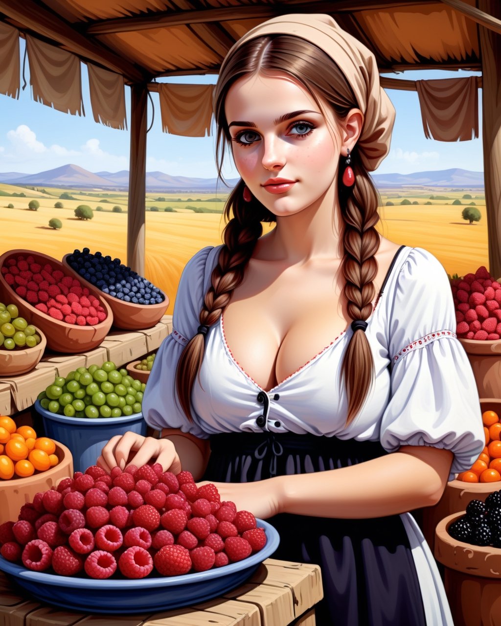 create an image of 20 yo beautiful curvy and busty Neolithic European female [Maria Ozawa:Maude Adams:0.35] berries vendor, she sell various berries like raspberry, blueberry, mulberries, strawberries and preserved berries and honey in a ((clay jars)), she is friendly and always give a content face expression, ((she is talking passionatelyvfriendlyto a viewer)) that buy her produce at her neat and mesmerizing berries stall, detailed beautiful face, insanely detailed and intricate otherworldly Neolithic market scene background, ultra photo realistic oil on canvas painting,comic book,more detail XL