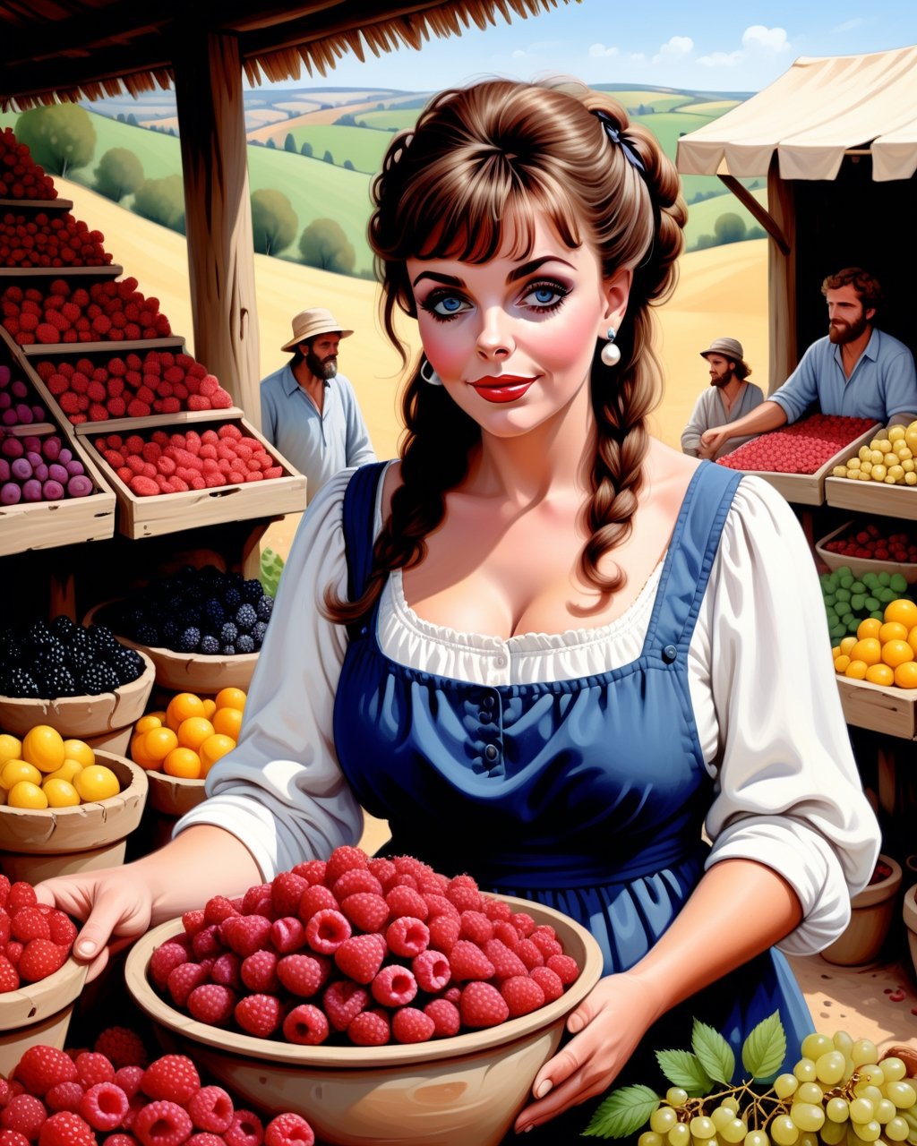 create an image of 20 yo beautiful curvy and busty Neolithic European female [Joan Collins:Maude Adams:0.35] berries vendor, she sell various berries like raspberry, blueberry, mulberries, strawberries and preserved berries and honey in a ((clay jars)), she is friendly and always give a content face expression, ((she is talking passionatelyvfriendlyto a viewer)) that buy her produce at her neat and mesmerizing berries stall, detailed beautiful face, insanely detailed and intricate otherworldly Neolithic market scene background, ultra photo realistic oil on canvas painting,comic book,more detail XL