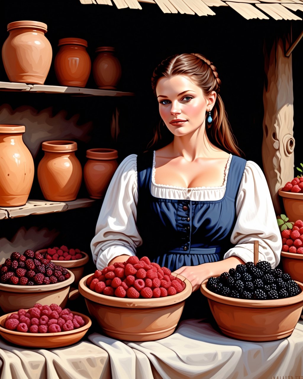 create an image of 20 yo beautiful curvy and busty Neolithic European female [Catherine Zeta Jones:Maude Adams:0.35] berries vendor, she sell various berries like raspberry, blueberry, mulberries, strawberries and preserved berries and honey in a ((clay jars)), she is friendly and always give a content face expression, ((she is talking passionatelyvfriendlyto a viewer)) that buy her produce at her neat and mesmerizing berries stall, detailed beautiful face, insanely detailed and intricate otherworldly Neolithic market scene background, ultra photo realistic oil on canvas painting,comic book,more detail XL