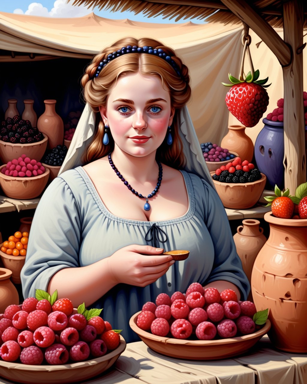 create an image of 20 yo beautiful curvy and busty Neolithic European female [Elizabeth II:Maude Adams:0.35] berries vendor, she sell various berries like raspberry, blueberry, mulberries, strawberries and preserved berries and honey in a ((clay jars)), she is friendly and always give a content face expression, ((she is talking passionatelyvfriendlyto a viewer)) that buy her produce at her neat and mesmerizing berries stall, detailed beautiful face, insanely detailed and intricate otherworldly Neolithic market scene background, ultra photo realistic oil on canvas painting,comic book,more detail XL