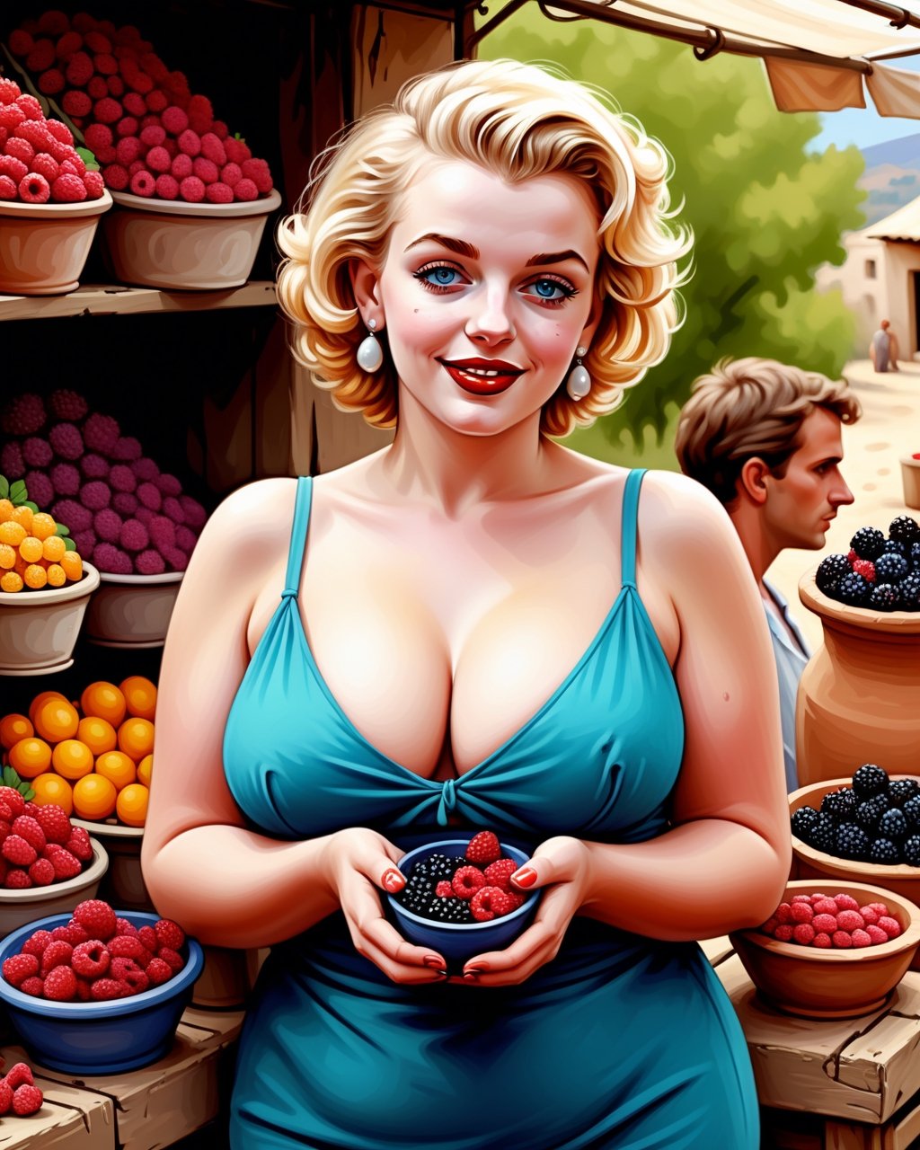 create an image of 20 yo beautiful curvy and busty Neolithic European female [Marilyn Monroe:Maude Adams:0.35] berries vendor, she sell various berries like raspberry, blueberry, mulberries, strawberries and preserved berries and honey in a ((clay jars)), she is friendly and always give a content face expression, ((she is talking passionatelyvfriendlyto a viewer)) that buy her produce at her neat and mesmerizing berries stall, detailed beautiful face, insanely detailed and intricate otherworldly Neolithic market scene background, ultra photo realistic oil on canvas painting,comic book,more detail XL